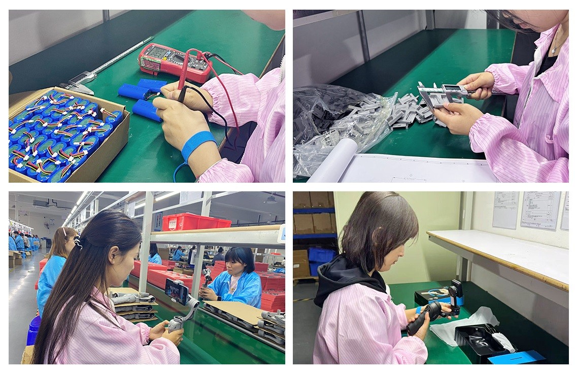 Eternal Blue QC and final assembly — finished selfie stick tripods tested and packaged before export