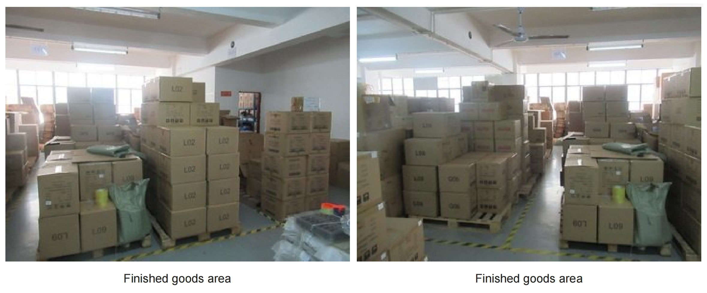 Finished goods area with labelled palletized product boxes ready for shipment