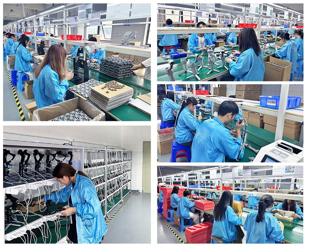 Eternal Blue factory production line — workers in cleanroom gear assembling selfie stick tripods at the Shenzhen OEM workshop