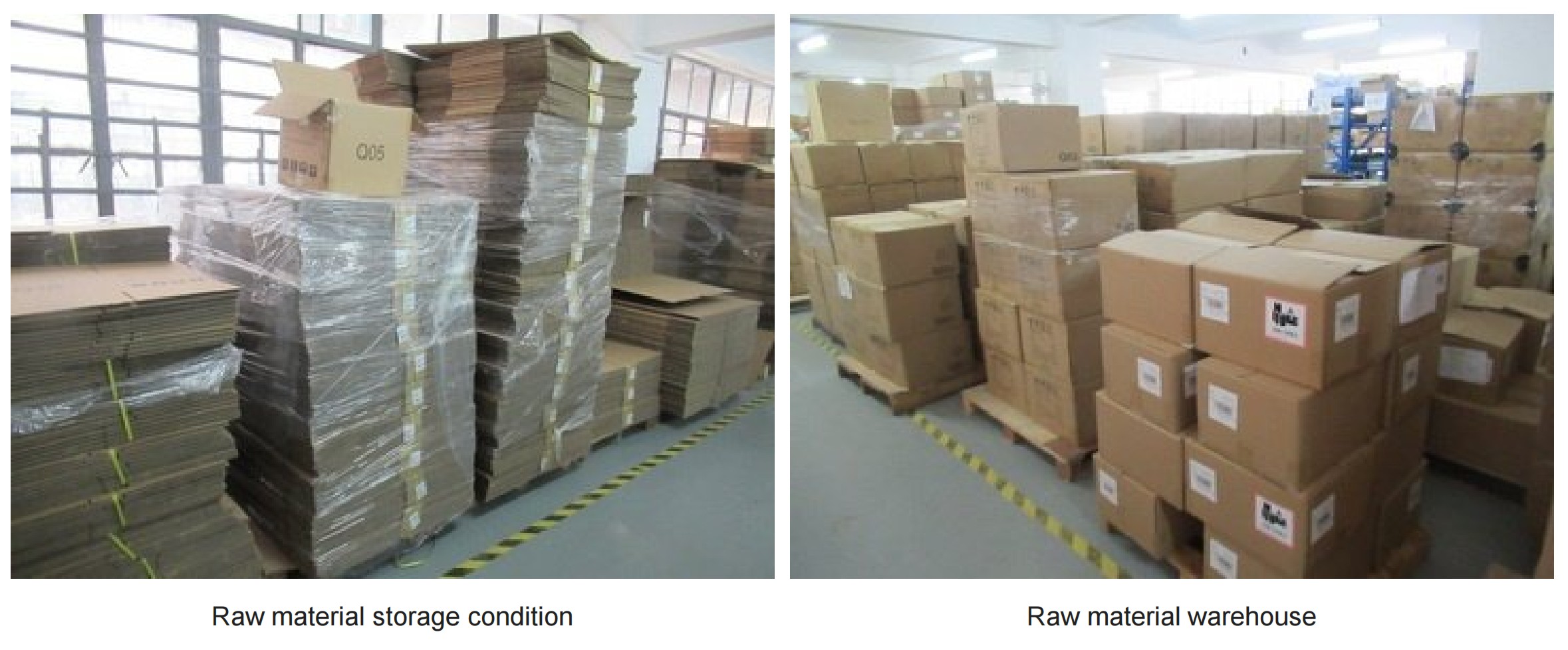 Raw material storage condition with flat-packed cardboard and packaging materials in a clean dry warehouse