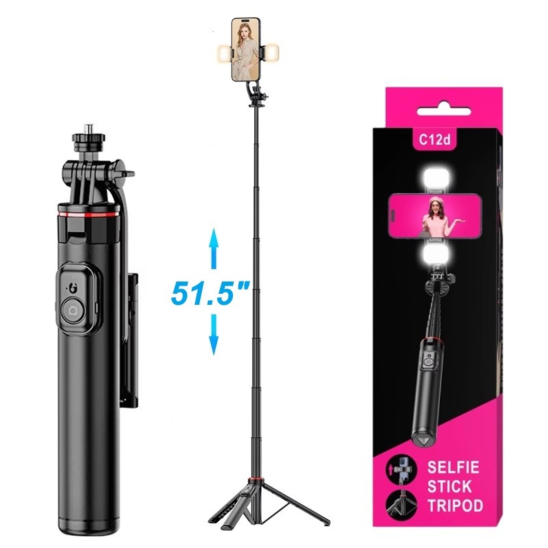 1.3m Aluminum Selfie Stick Tripod with Dual LED Light C12D