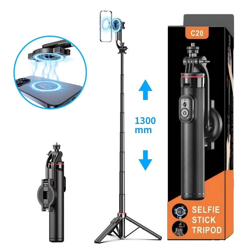 51inch Magnetic and Clamp Selfie Stick Tripod with 1/4 inch Interface C20