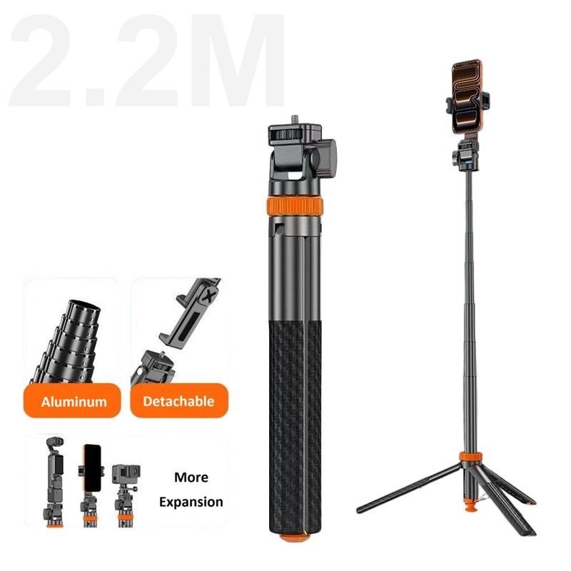 2.2M Auto Open Action Camera Selfie Stick Tripod with 1/4 inch Mount and Detachable Phone Bracket TT01 Pro