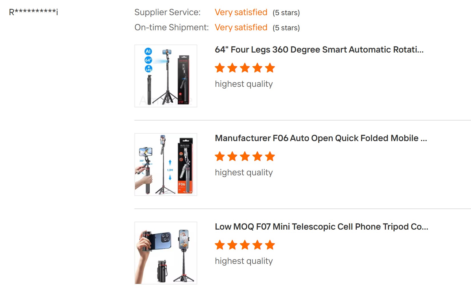 Wholesale buyer review: highest quality for C17, F06 and F07 selfie sticks, 5 stars